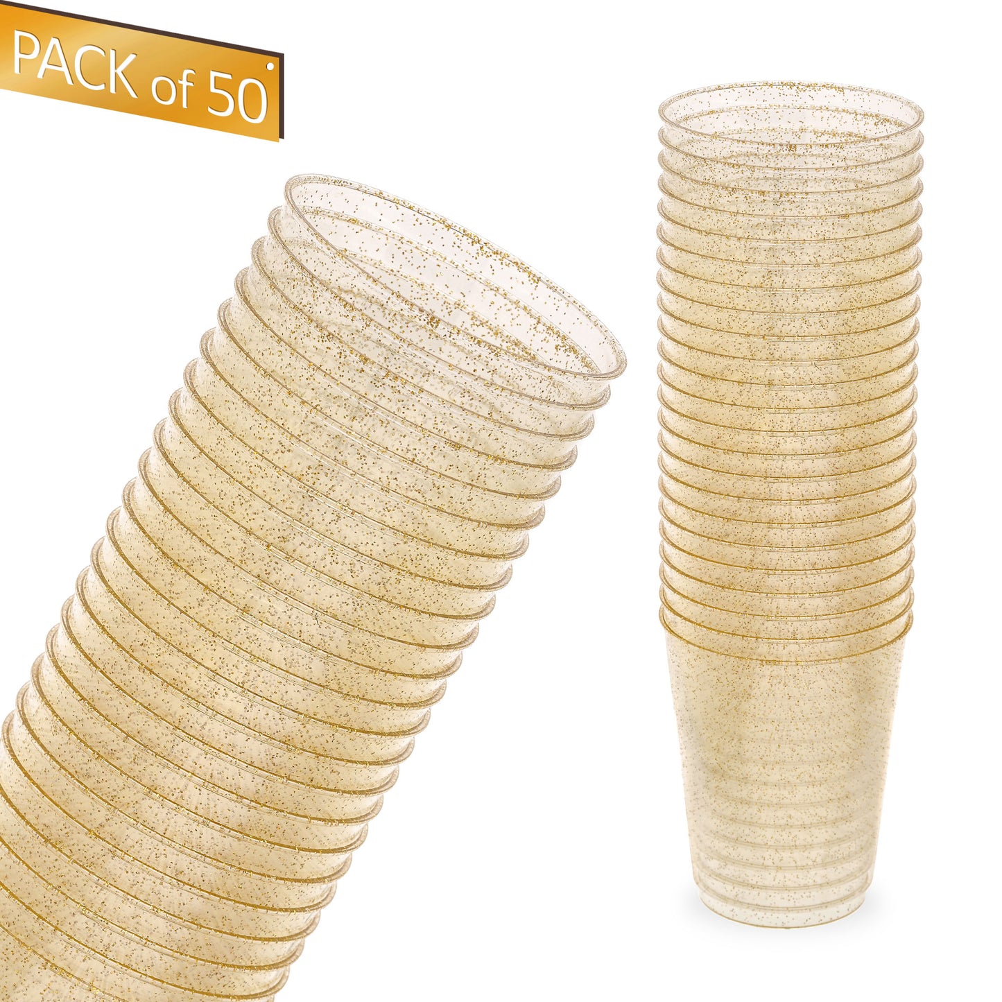 50-Pack 10 oz Gold Glitter Plastic Cups - Perfect for Cocktails and Festive Drinks