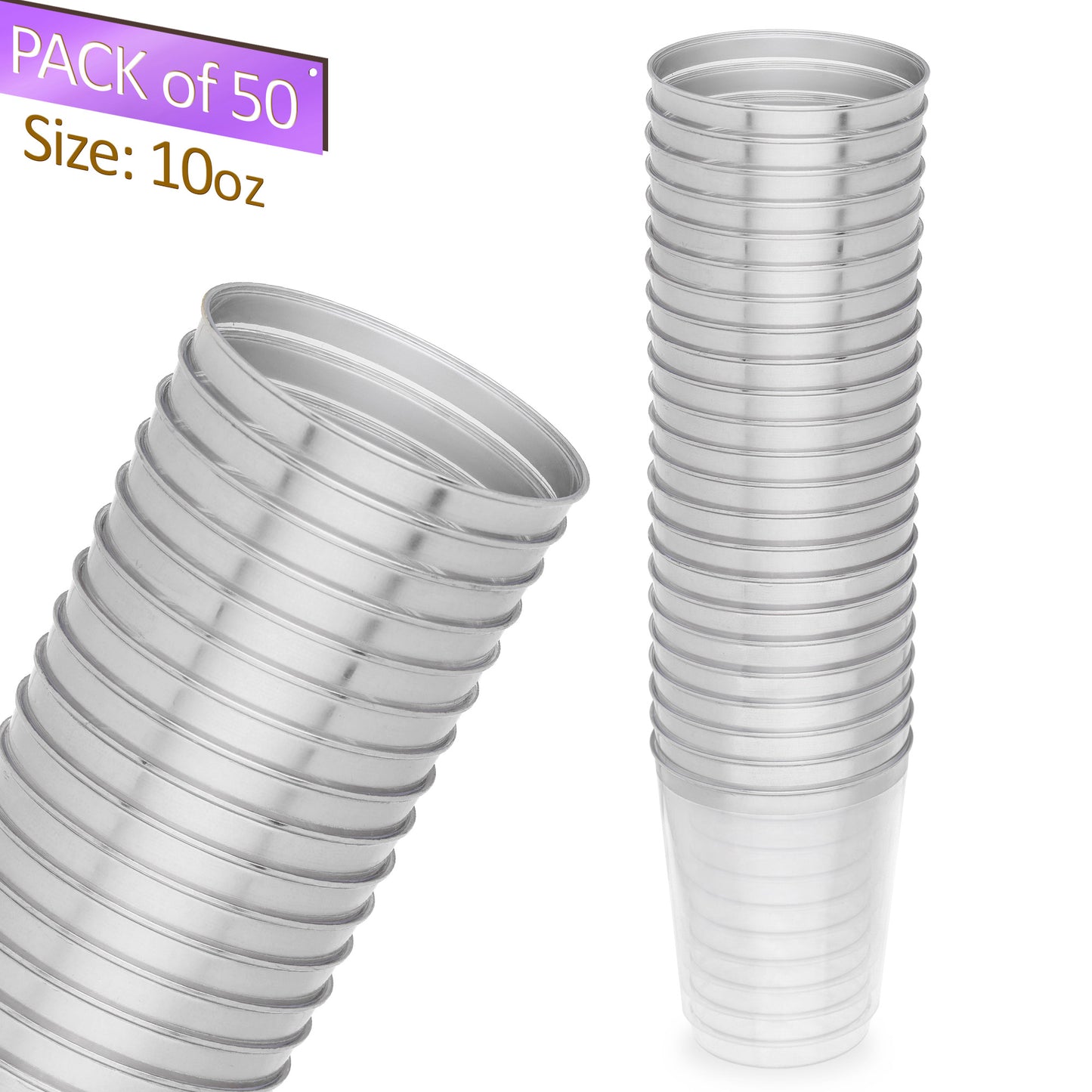 50-Pack 10 oz Clear Plastic Cups with Silver Rim - Stylish Party Drinkware