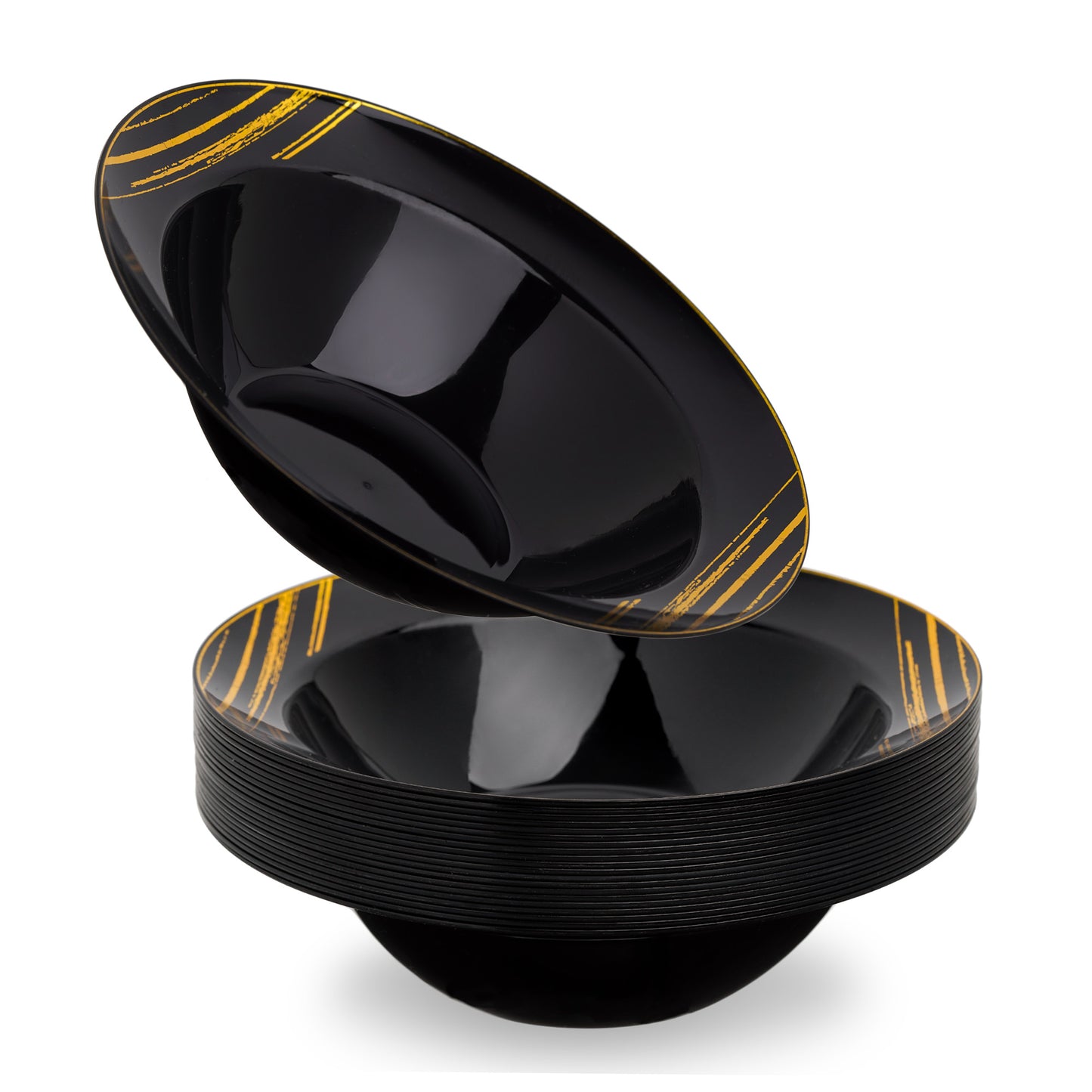 20-Pack 10oz Black & Gold Accent Hard Plastic Party Soup Bowls 10 oz