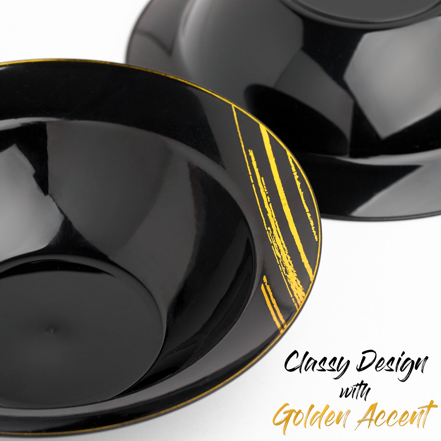 20-Pack 10oz Black & Gold Accent Hard Plastic Party Soup Bowls 10 oz