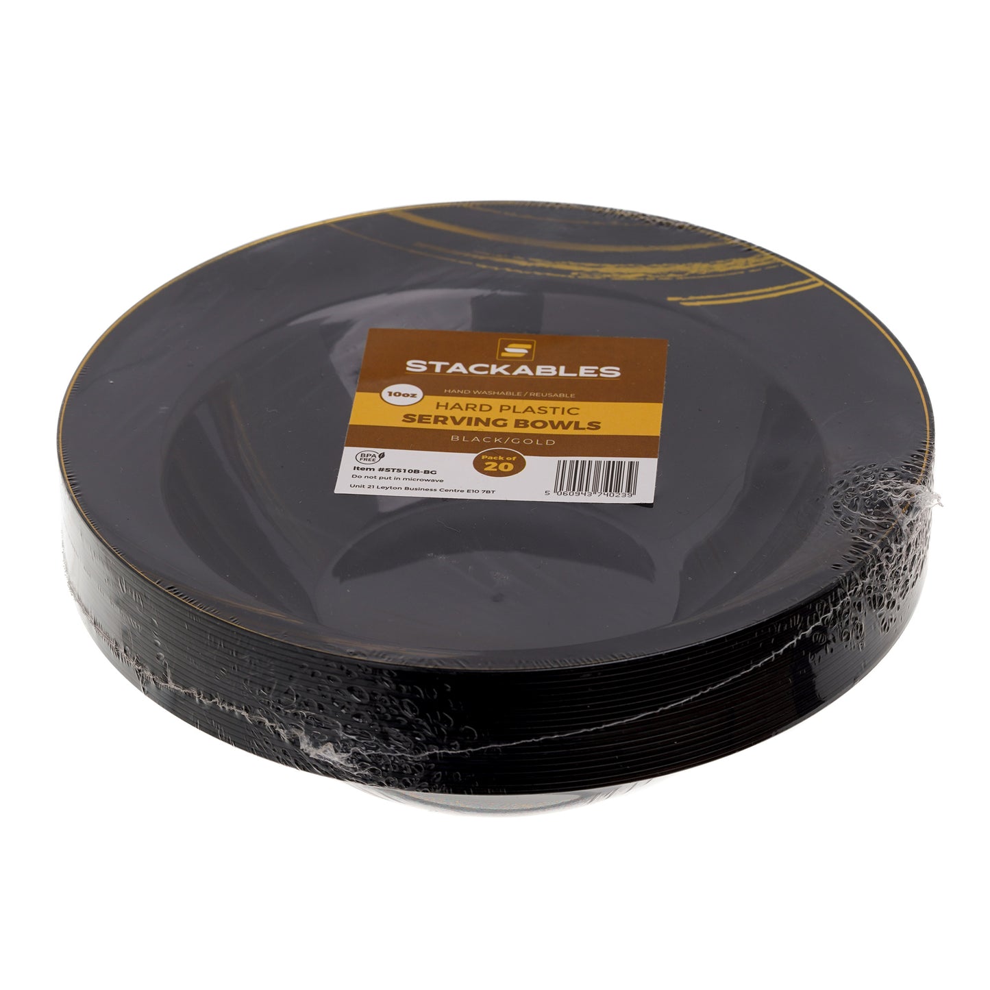 20-Pack 10oz Black & Gold Accent Hard Plastic Party Soup Bowls 10 oz
