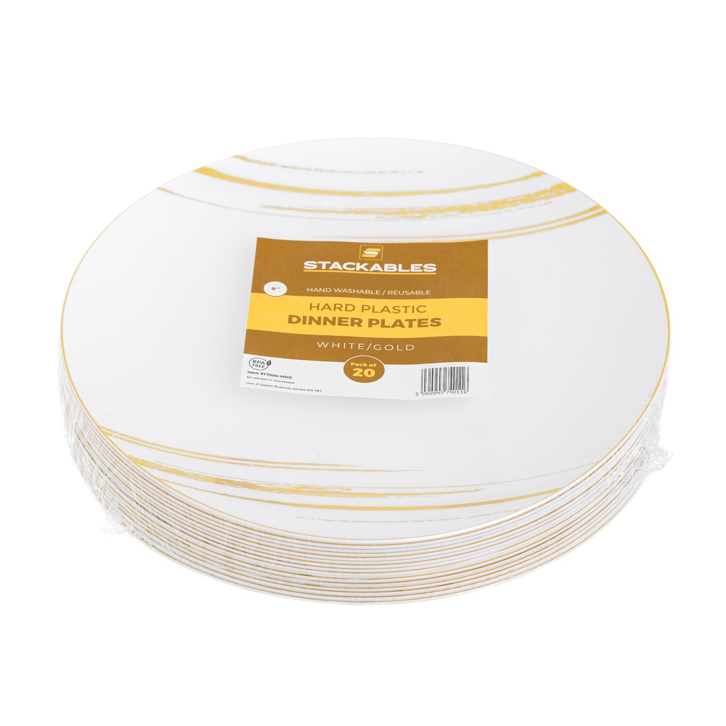 20 Pack - 9” White & Gold Side Salad Dinner Plates - Hard Plastic, Reusable, Elegant Design