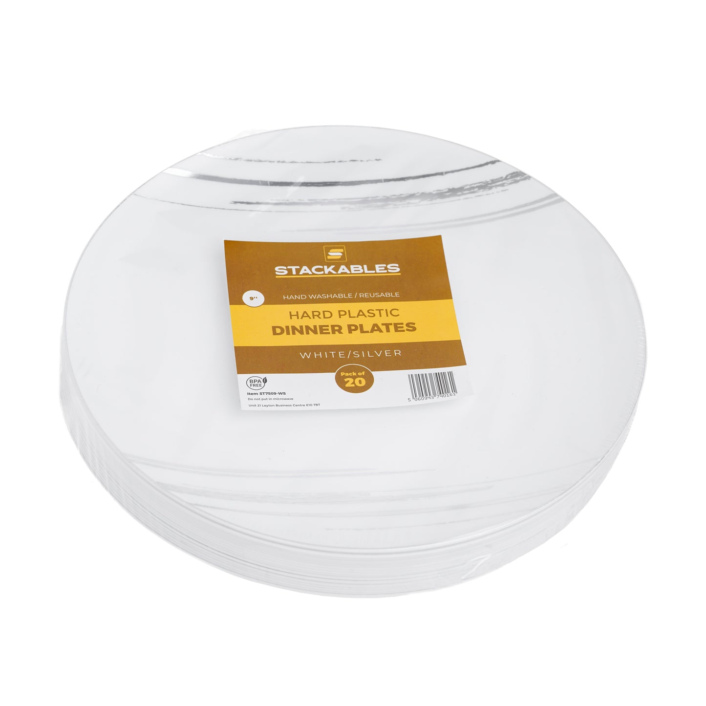 20 Pack - 9” White & Silver Side Salad Dinner Plates - Hard Plastic, Reusable, Elegant Design