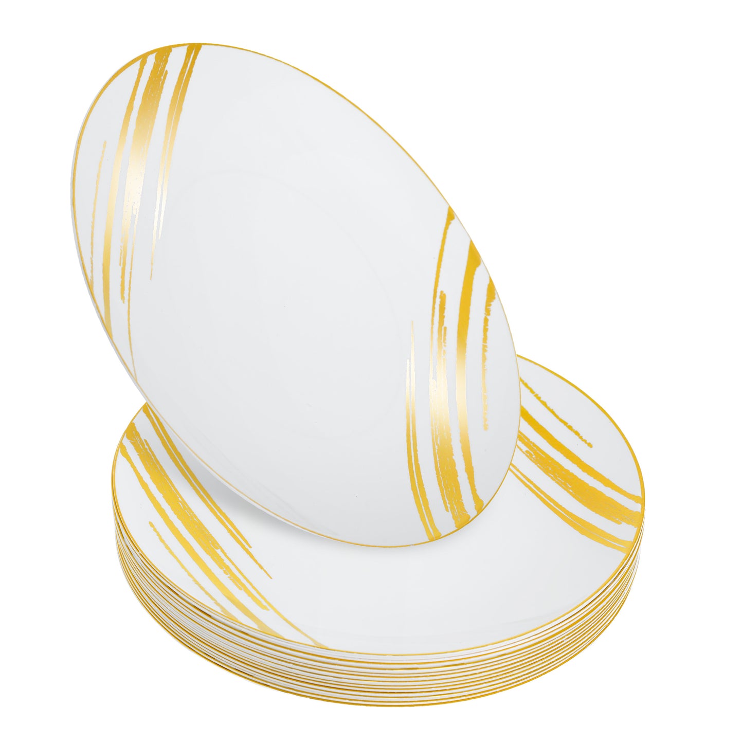 20 Pack - 10.25” White & Gold Side Salad Dinner Plates - Hard Plastic, Reusable, Elegant Design