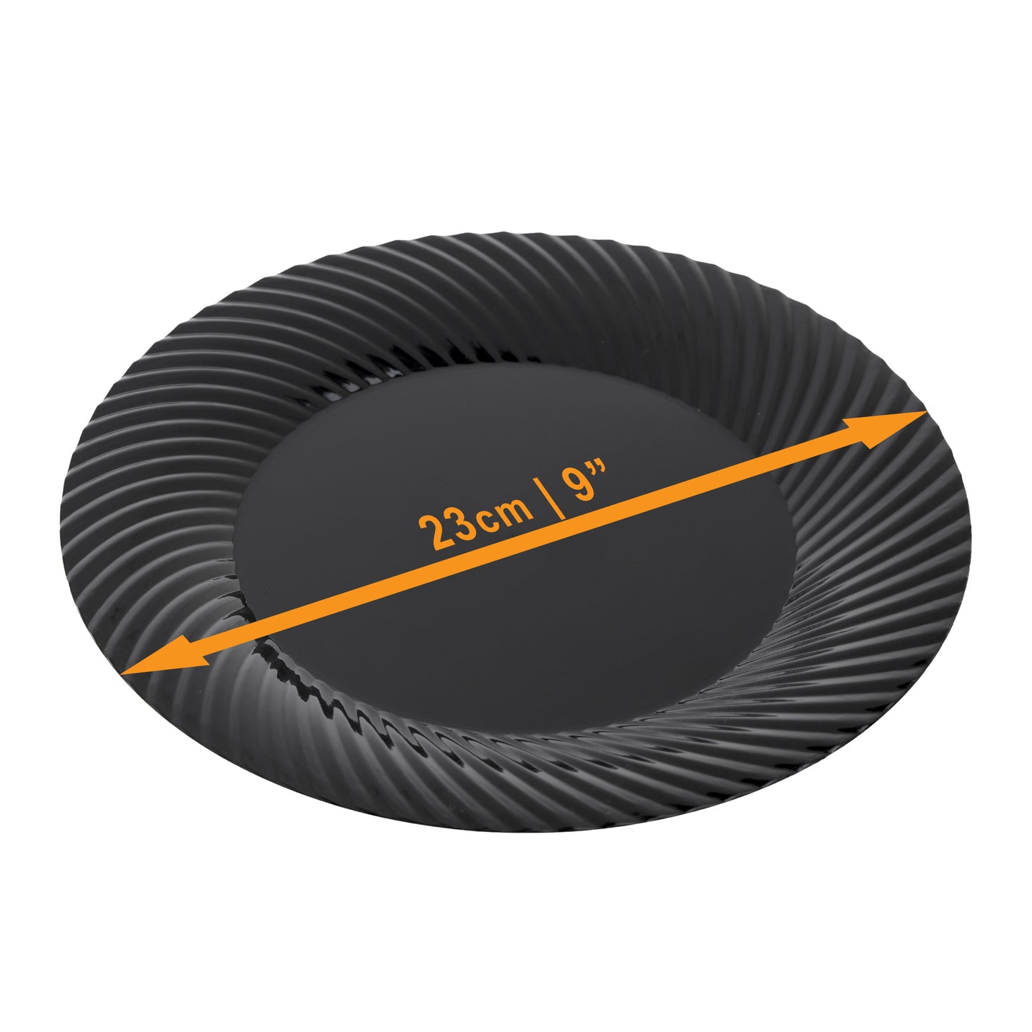 Pack of 20, 9" Black Plastic Dinner Plates with Ridged Rim
