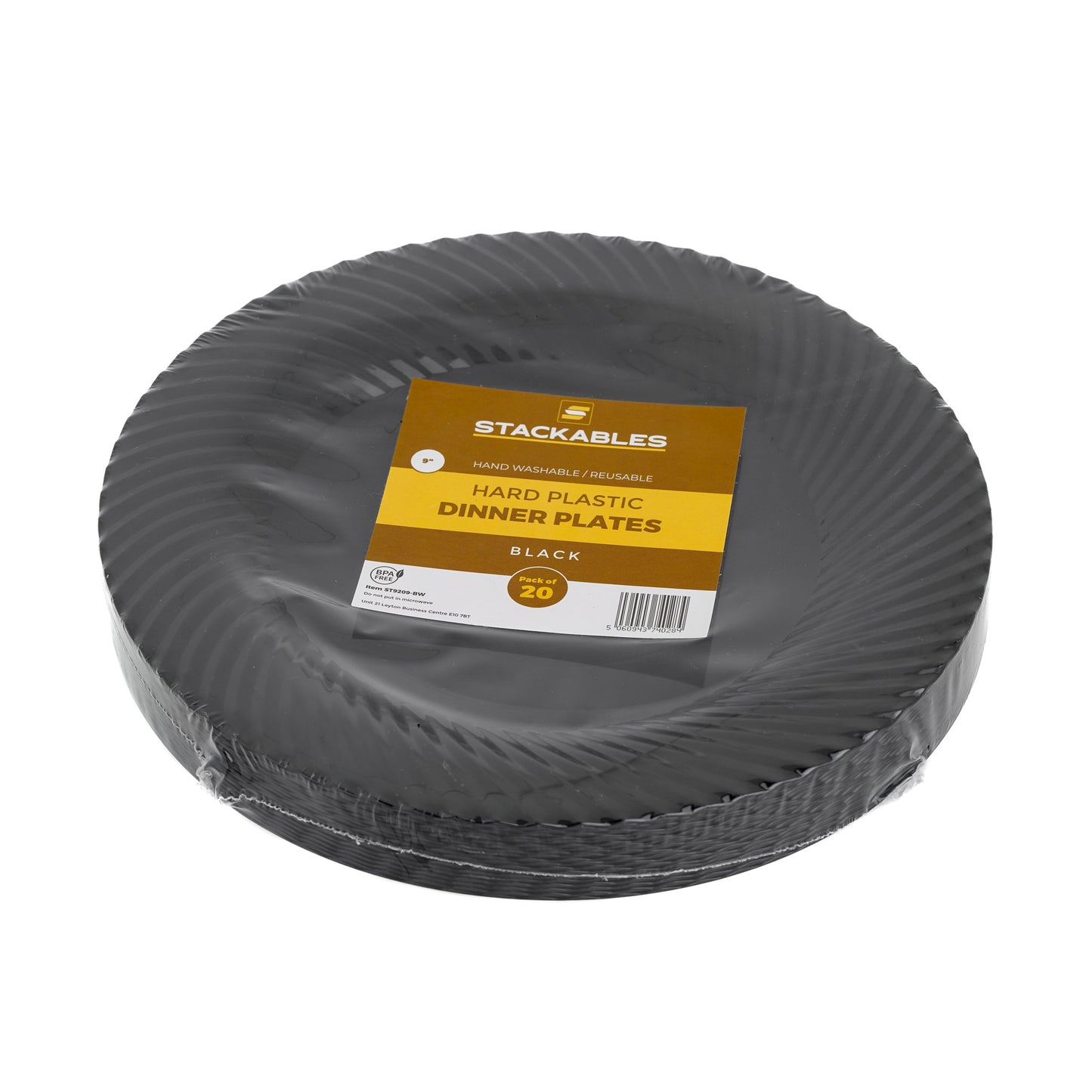 Pack of 20, 9" Black Plastic Dinner Plates with Ridged Rim