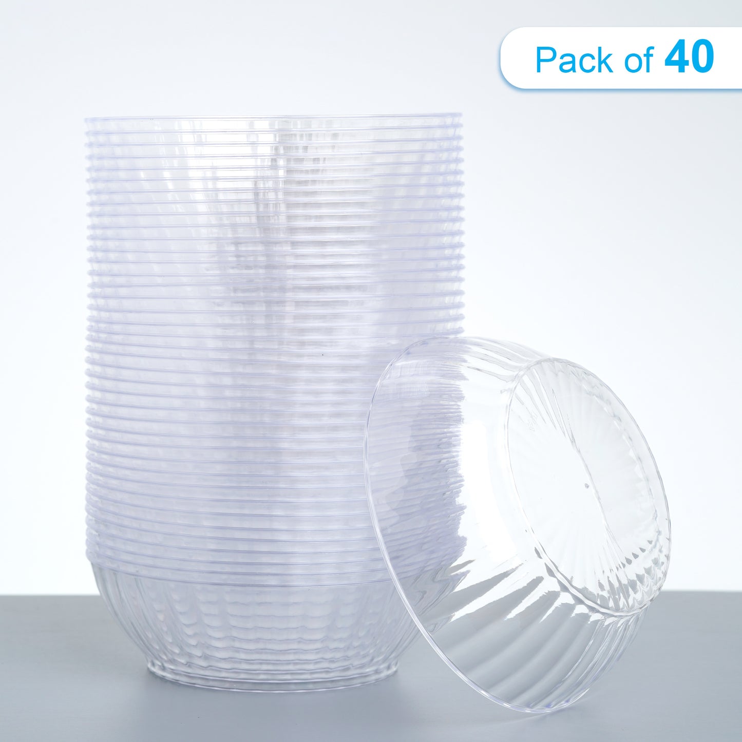 40 Pack - 10oz Clear Plastic Dessert Bowls, Ribbed Design
