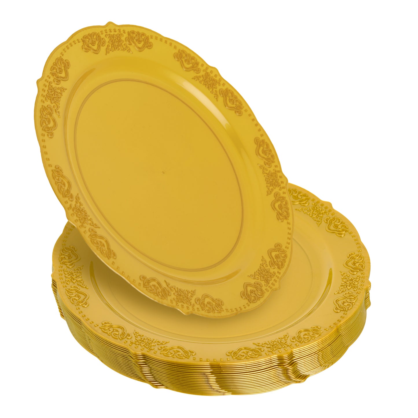 20 Pack 9" Gold Plastic Dinner Plates with Elegant Embossed Rim