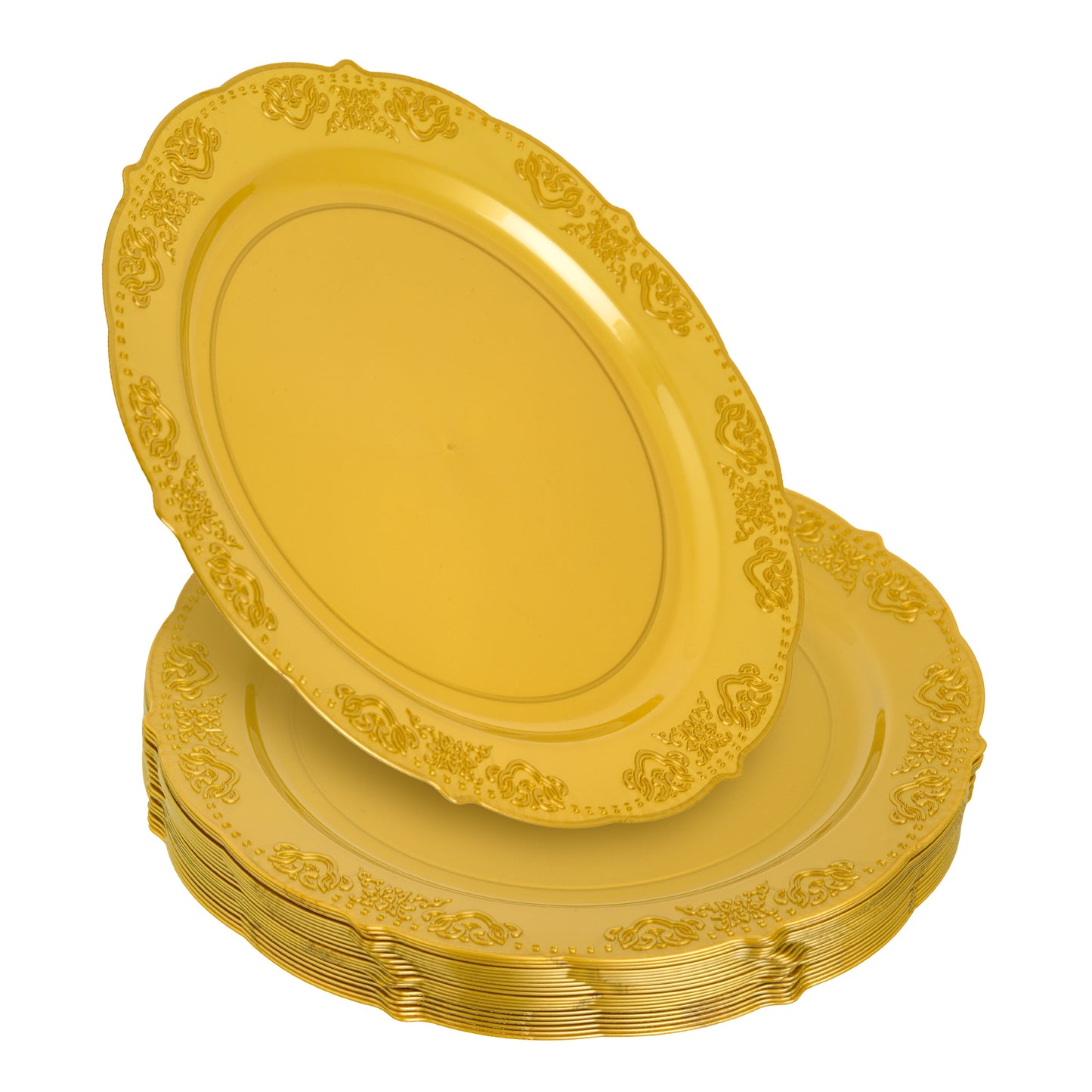 20 Pack 10-Inch Gold Round Plastic Dinner Plates with Ornate Rim - Ideal for Main Courses and Formal Dining