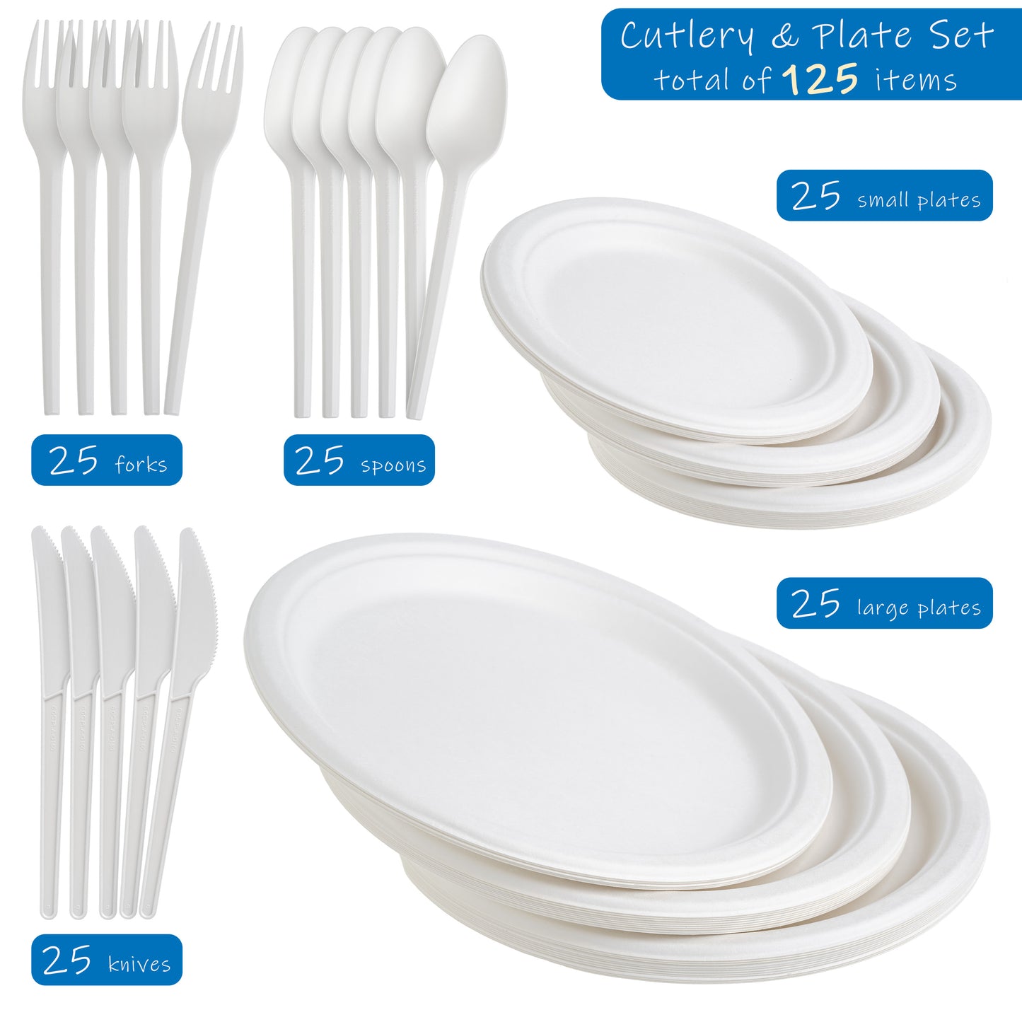 125-Piece Eco-Friendly Party Set - Bagasse Plates & CPLA Cutlery