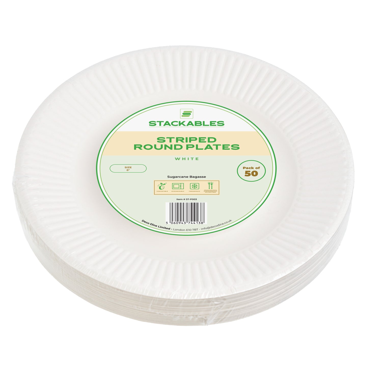 50 Pack White 8-Inch Striped Round Plates - Sugarcane Bagasse