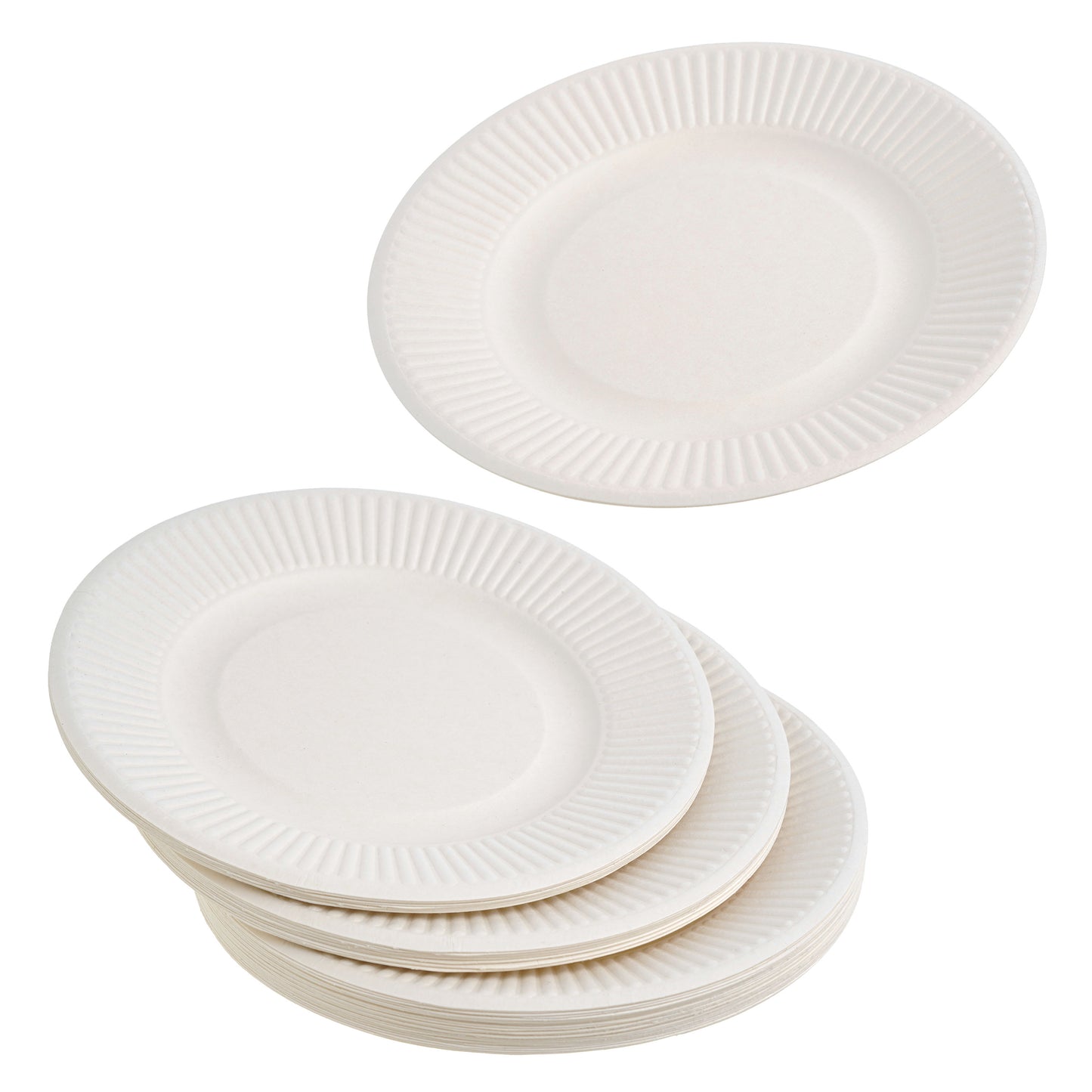 50 Pack White 8-Inch Striped Round Plates - Sugarcane Bagasse