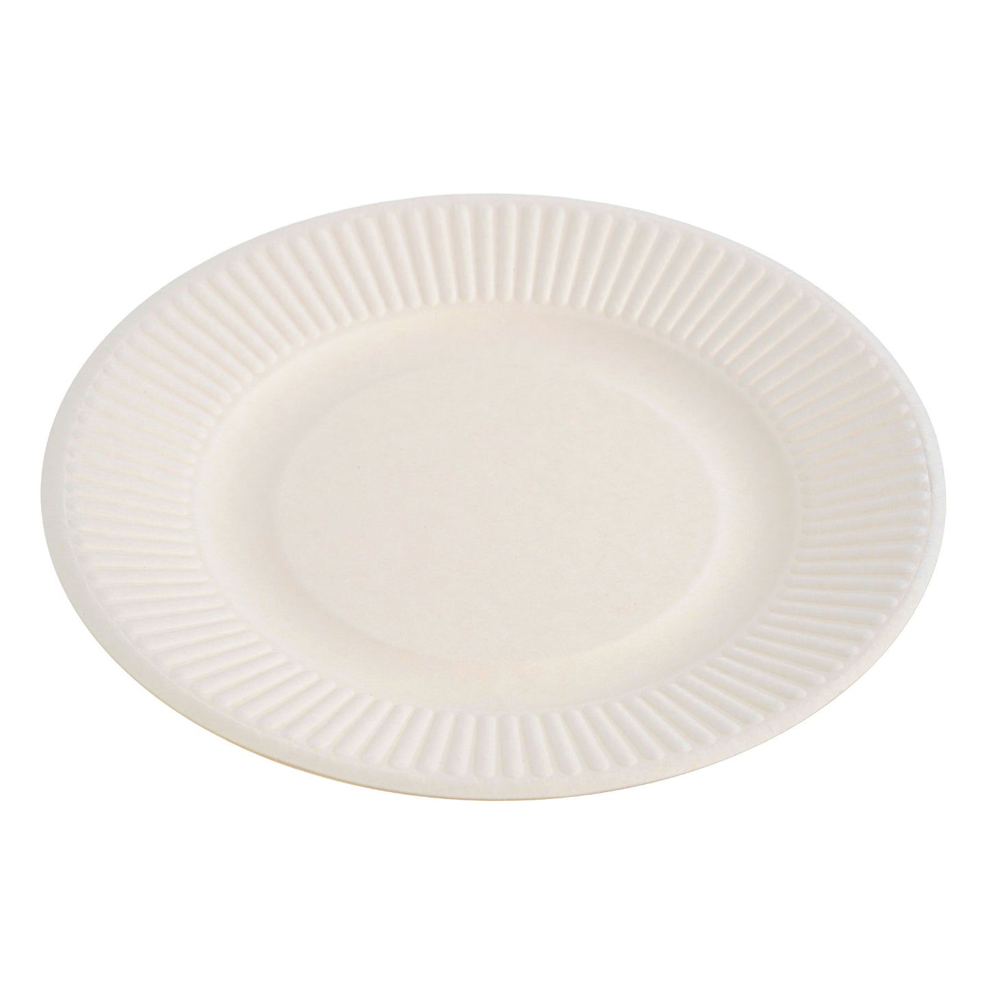 50 Pack White 8-Inch Striped Round Plates - Sugarcane Bagasse
