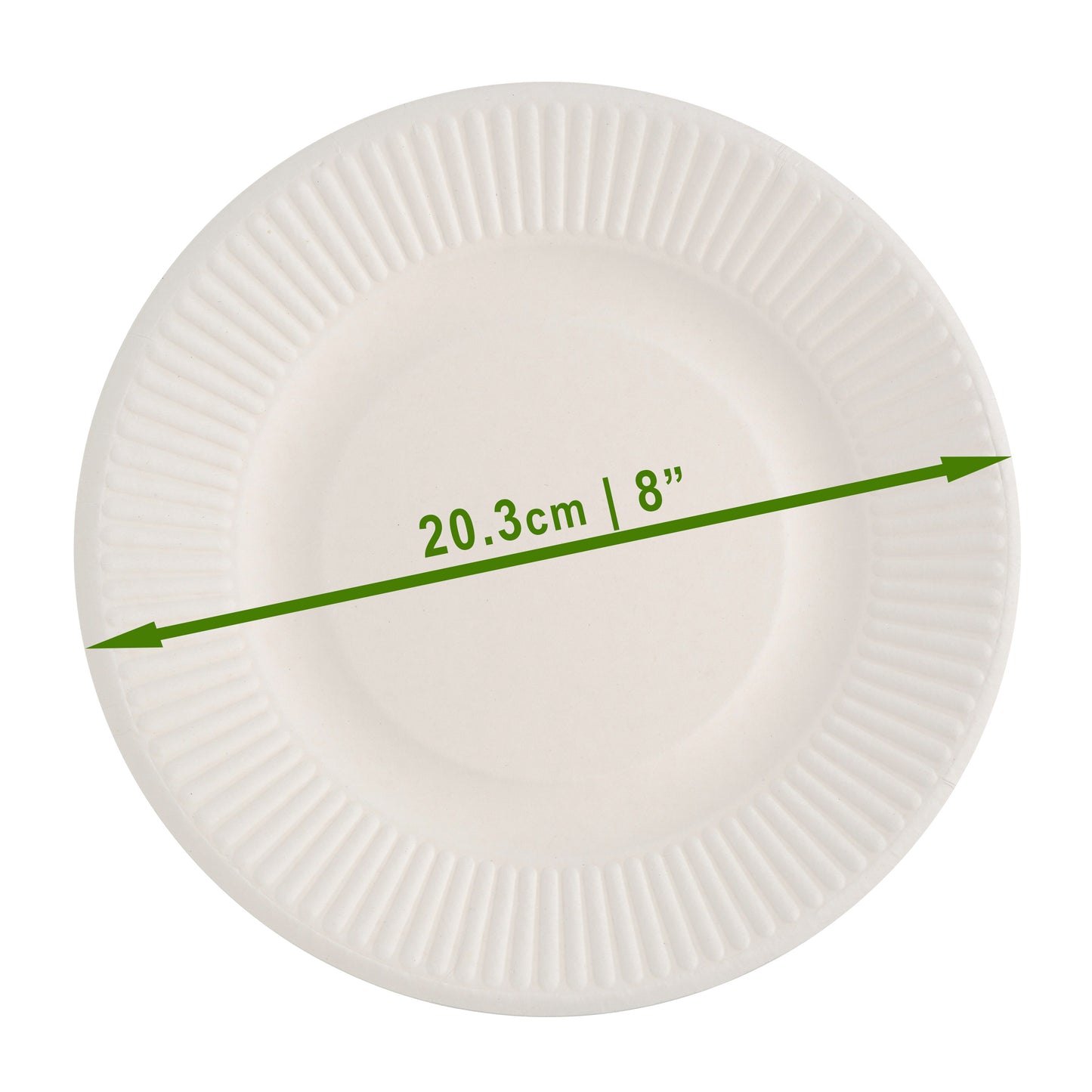 50 Pack White 8-Inch Striped Round Plates - Sugarcane Bagasse