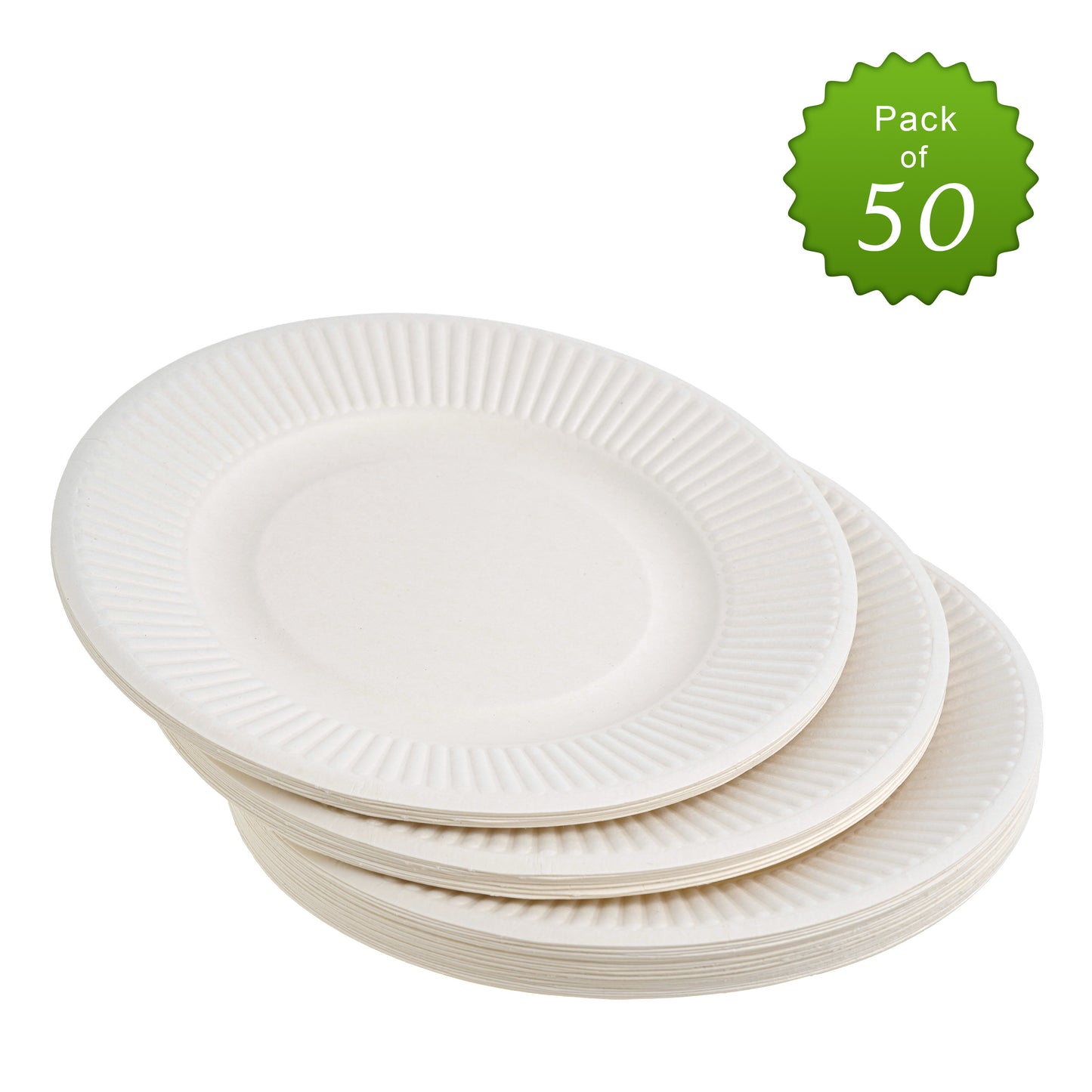 50 Pack White 8-Inch Striped Round Plates - Sugarcane Bagasse