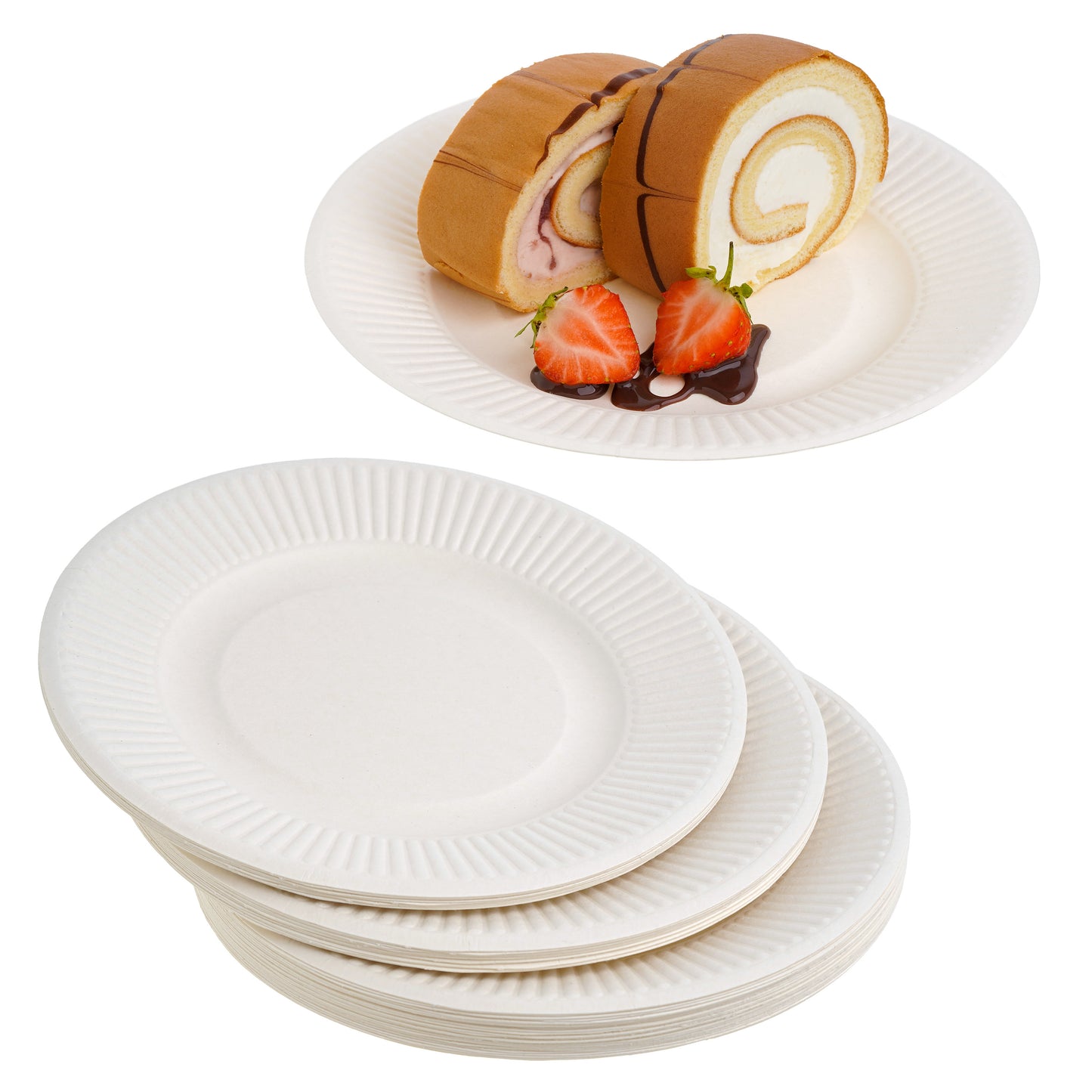 50 Pack White 8-Inch Striped Round Plates - Sugarcane Bagasse