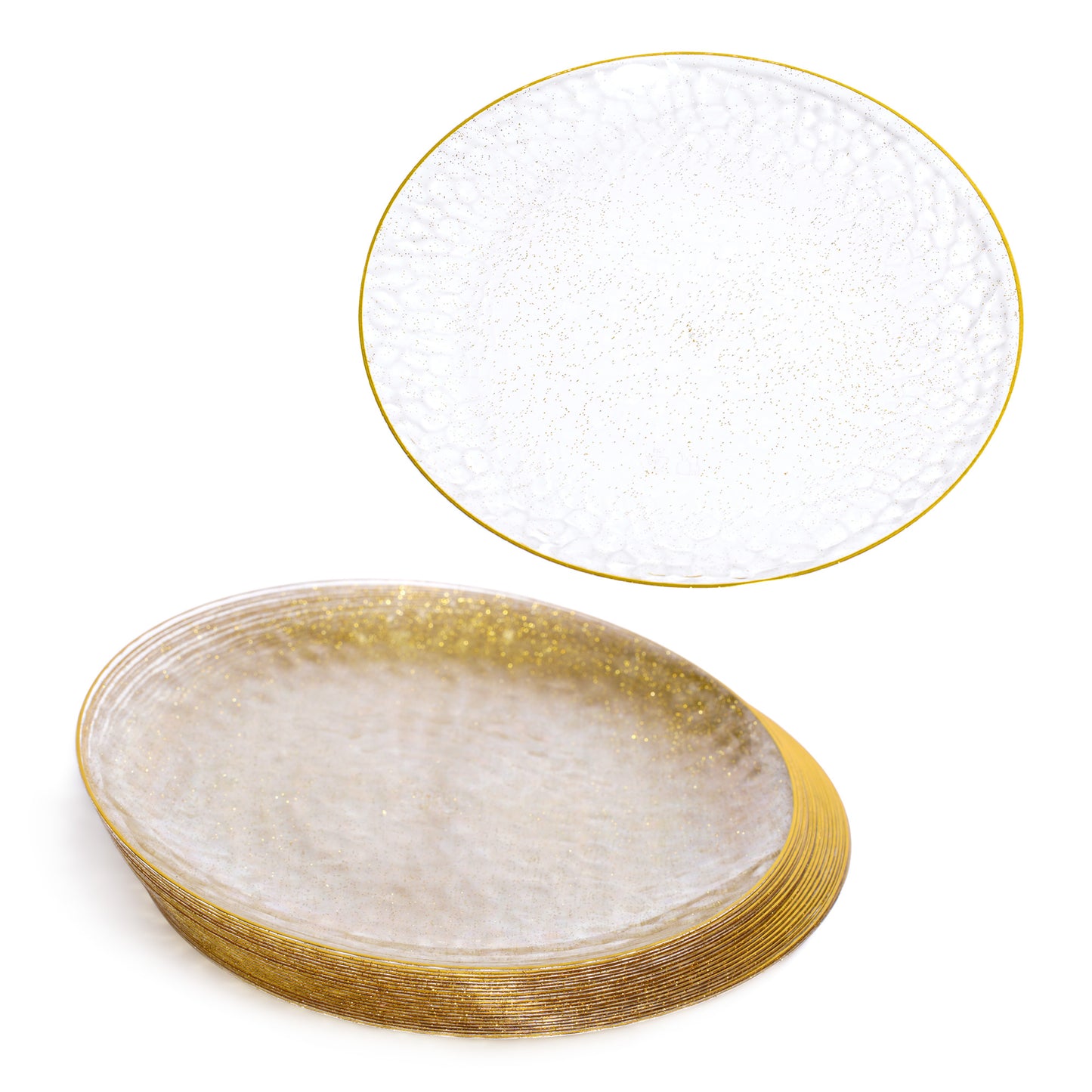 20 Pack 9" Clear Plastic Plates with Gold Rim & Glitter Finish
