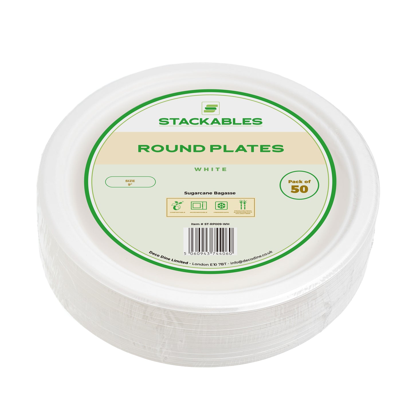 50-Pack White Bagasse 9-Inch Round Plates | Eco-Friendly Party Plates