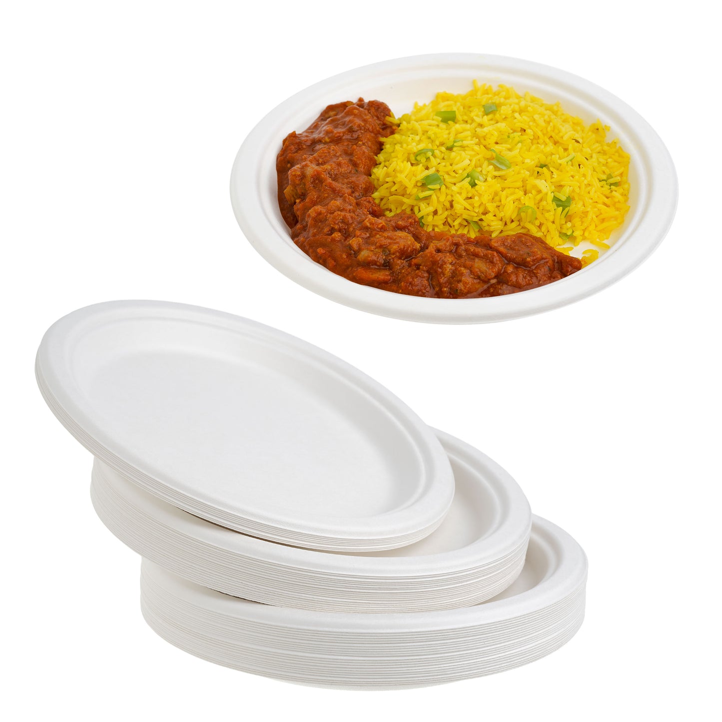 50-Pack White Bagasse 9-Inch Round Plates | Eco-Friendly Party Plates