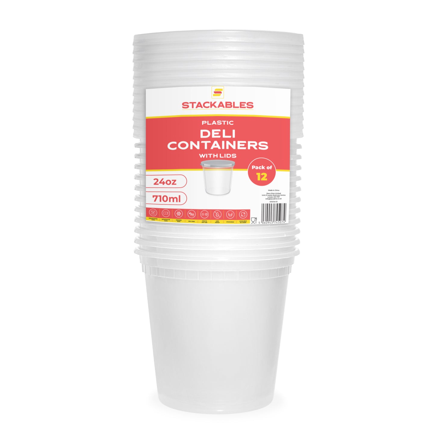 12-Pack 24 oz (710 ml) Clear Round Plastic Deli Containers with Lids