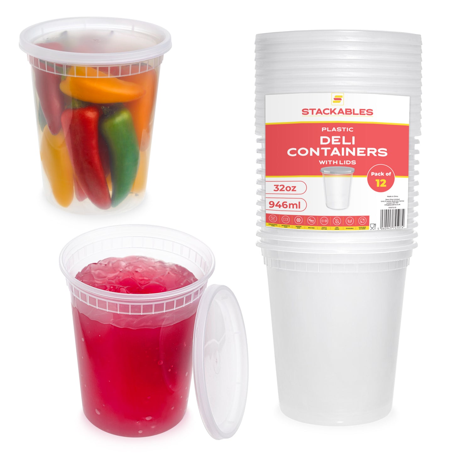 12-Pack 32 oz Clear Round Plastic Deli Containers with Lids