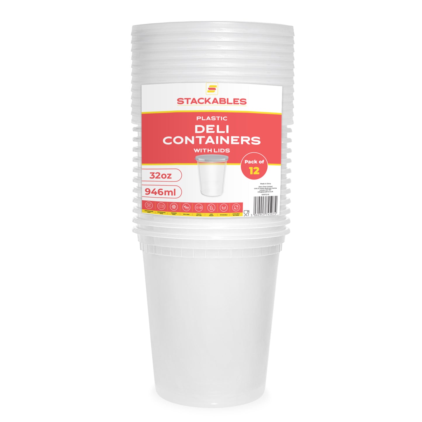 12-Pack 32 oz Clear Round Plastic Deli Containers with Lids