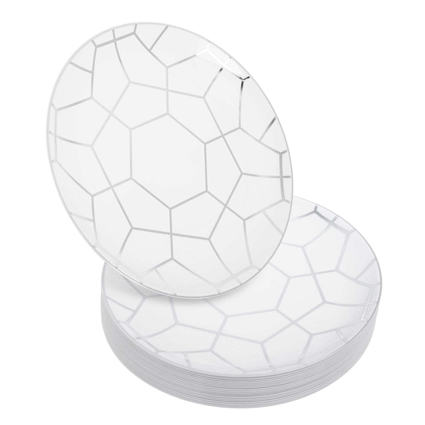 20-Pack 10.5" White & Silver Geometric Hard Plastic Main Dinner Plates