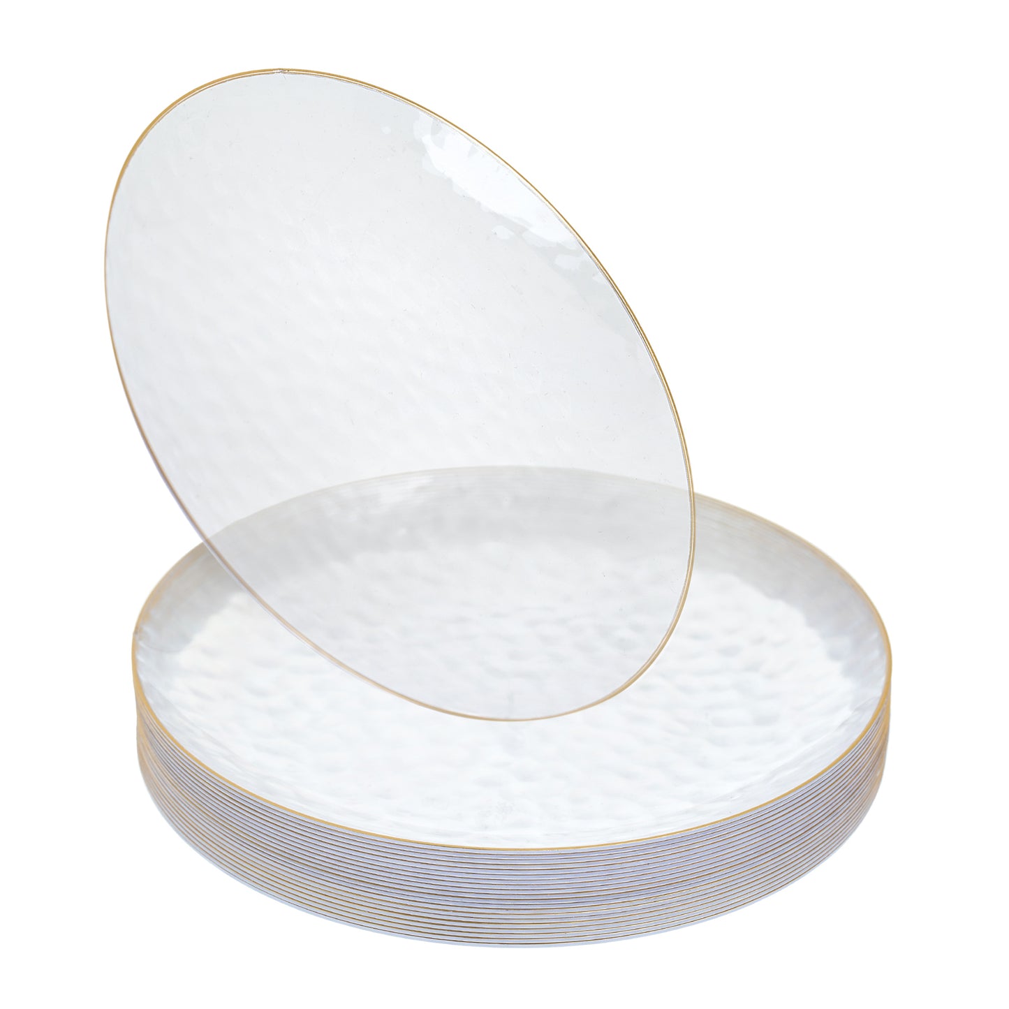 20 Pack - 6 Inch Small Hard Plastic Dessert Plates with Gold Trim, Hammered Design, Clear