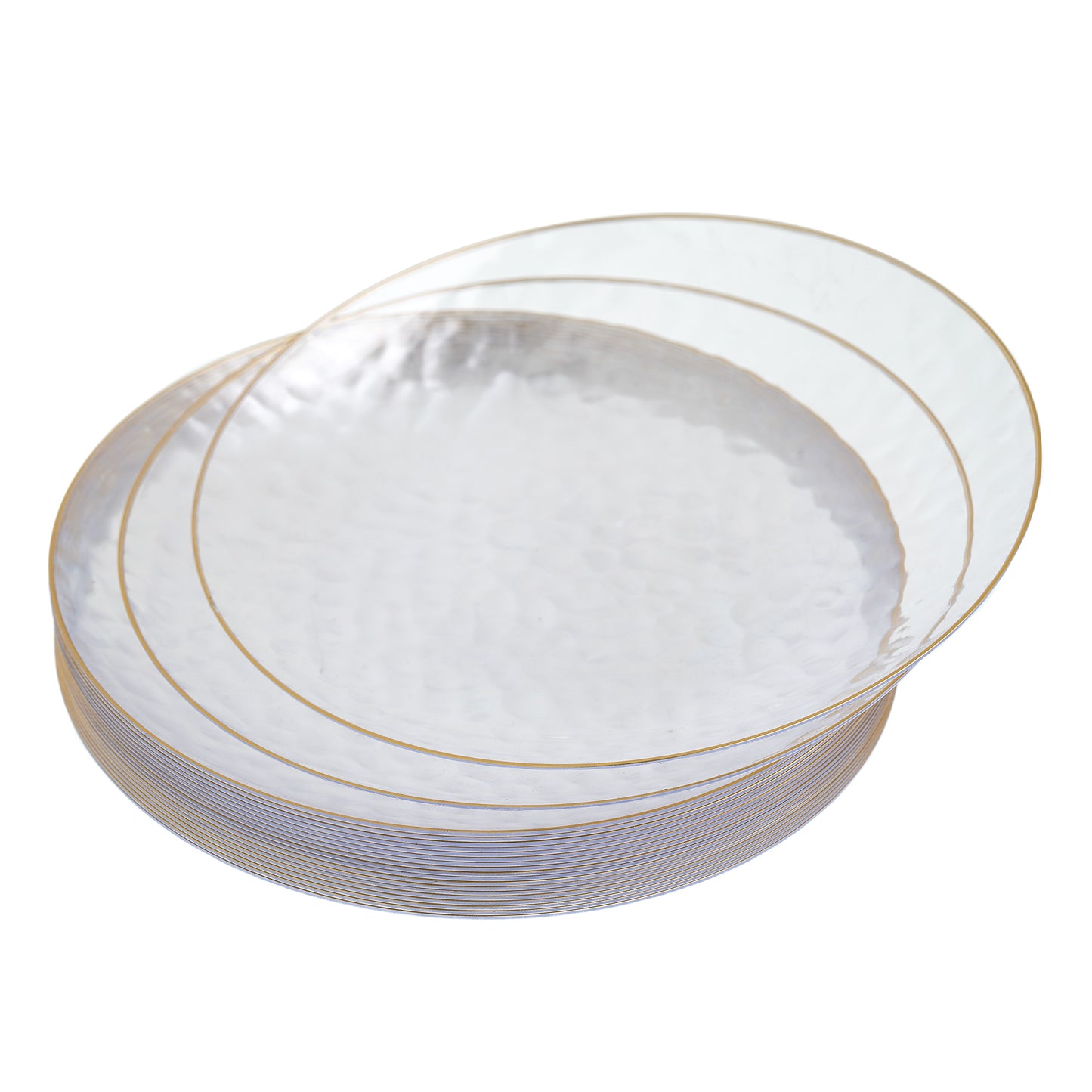 20 Pack - 6 Inch Small Hard Plastic Dessert Plates with Gold Trim, Hammered Design, Clear