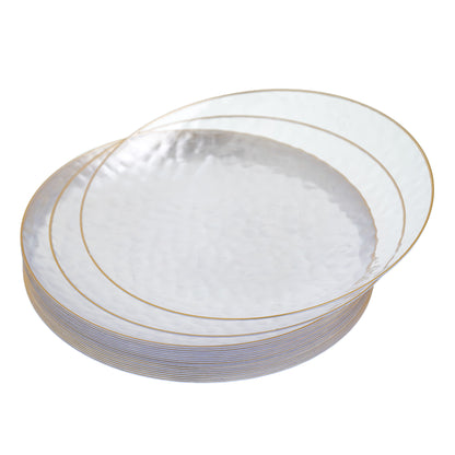 20 Pack - 6 Inch Small Hard Plastic Dessert Plates with Gold Trim, Hammered Design, Clear