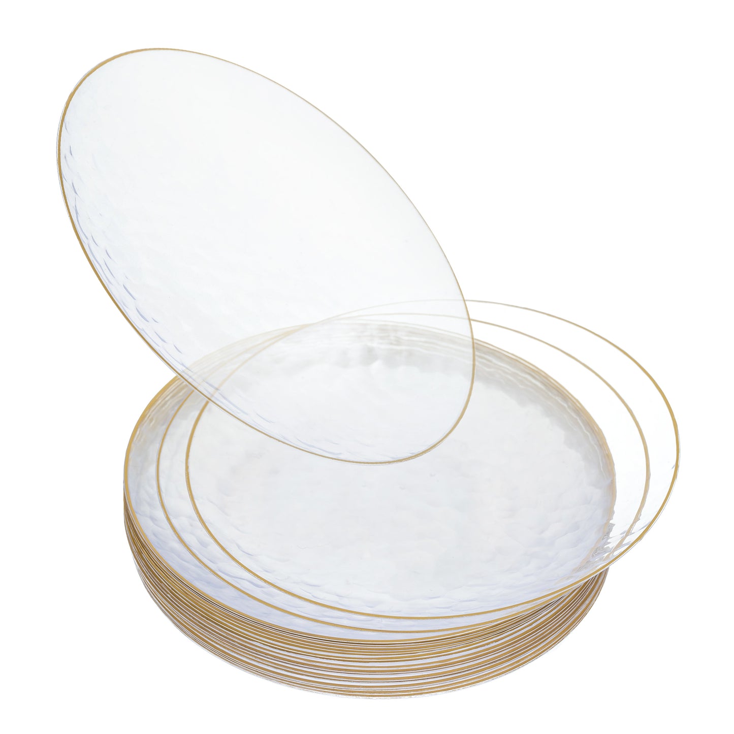 20 Pack - 7 Inch Hard Plastic Appetizer Plates with Gold Trim, Hammered Design, Clear