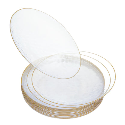 20 Pack - 7 Inch Hard Plastic Appetizer Plates with Gold Trim, Hammered Design, Clear