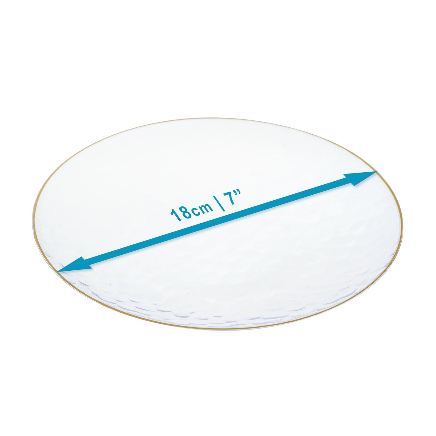 20 Pack - 7 Inch Hard Plastic Appetizer Plates with Gold Trim, Hammered Design, Clear