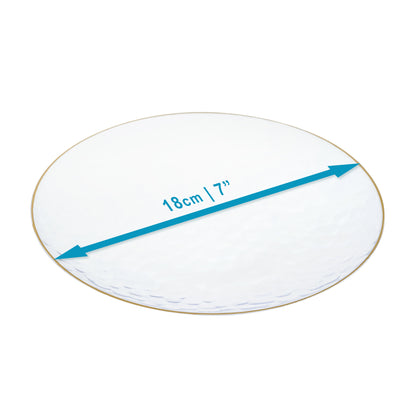 20 Pack - 7 Inch Hard Plastic Appetizer Plates with Gold Trim, Hammered Design, Clear