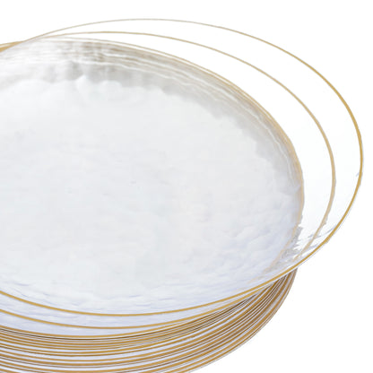 20 Pack - 7 Inch Hard Plastic Appetizer Plates with Gold Trim, Hammered Design, Clear