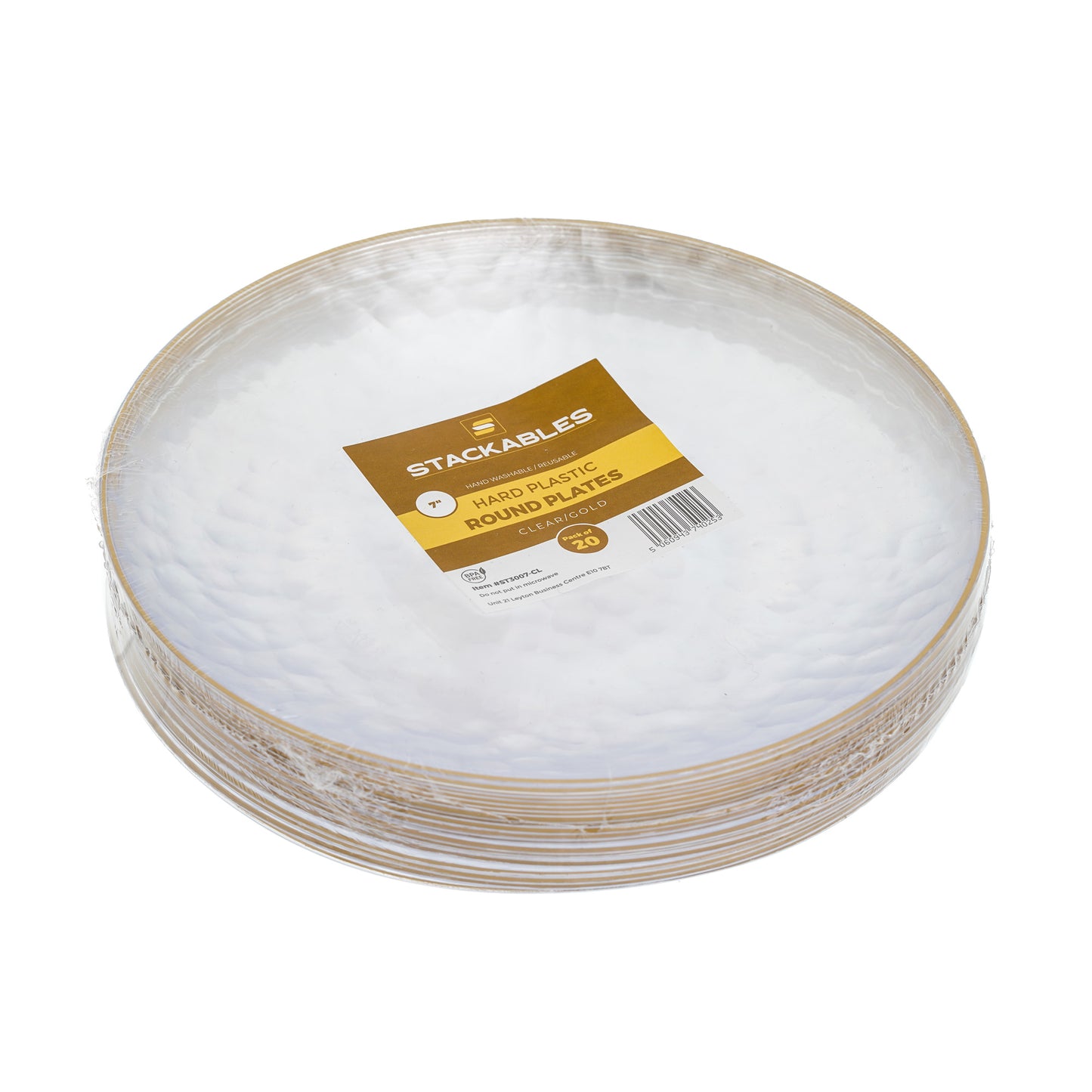 20 Pack - 7 Inch Hard Plastic Appetizer Plates with Gold Trim, Hammered Design, Clear