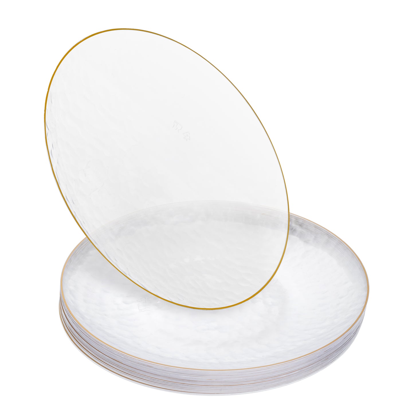 20 Pack - 9 Inch Hard Plastic Dinner Plates with Gold Trim, Hammered Design, Clear