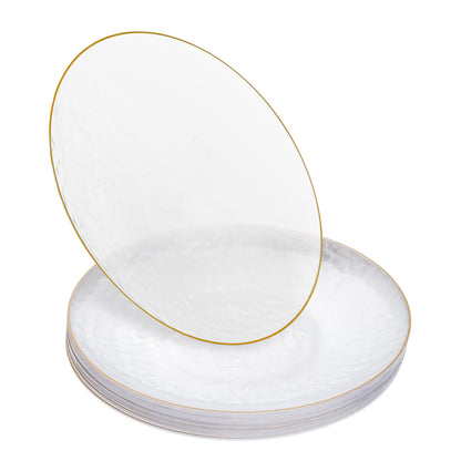 20 Pack - 9 Inch Hard Plastic Dinner Plates with Gold Trim, Hammered Design, Clear