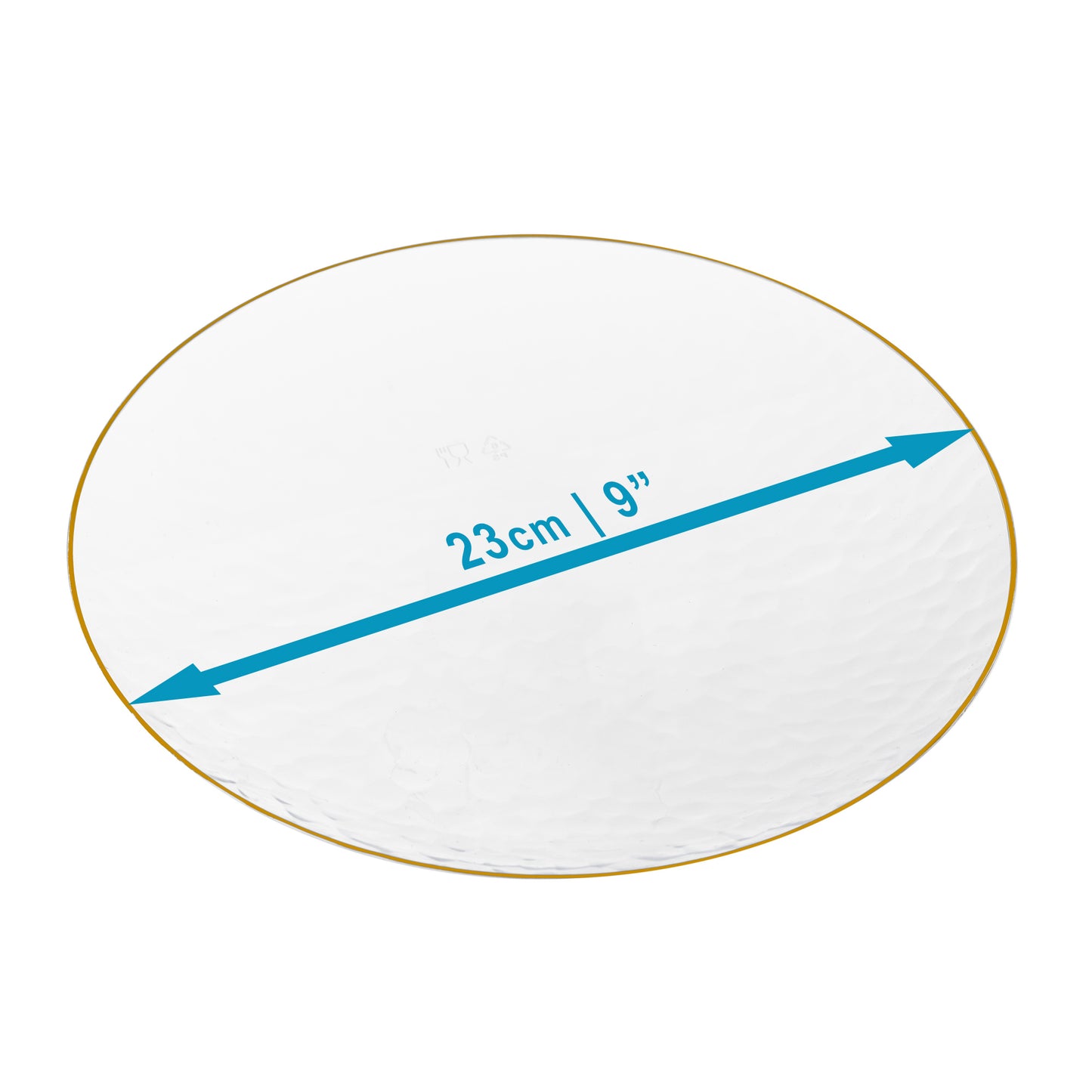 20 Pack - 9 Inch Hard Plastic Dinner Plates with Gold Trim, Hammered Design, Clear