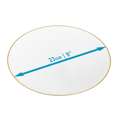 20 Pack - 9 Inch Hard Plastic Dinner Plates with Gold Trim, Hammered Design, Clear