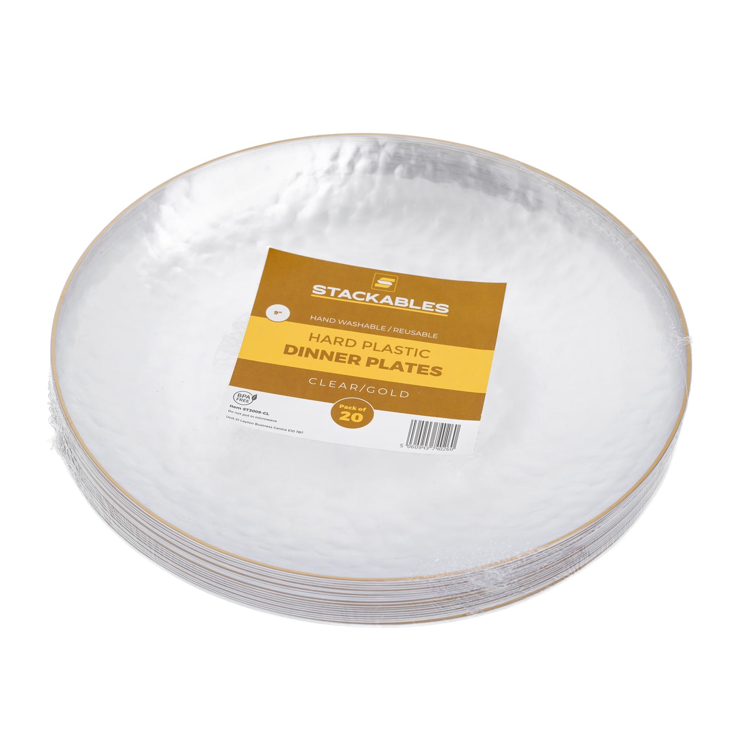 20 Pack - 9 Inch Hard Plastic Dinner Plates with Gold Trim, Hammered Design, Clear