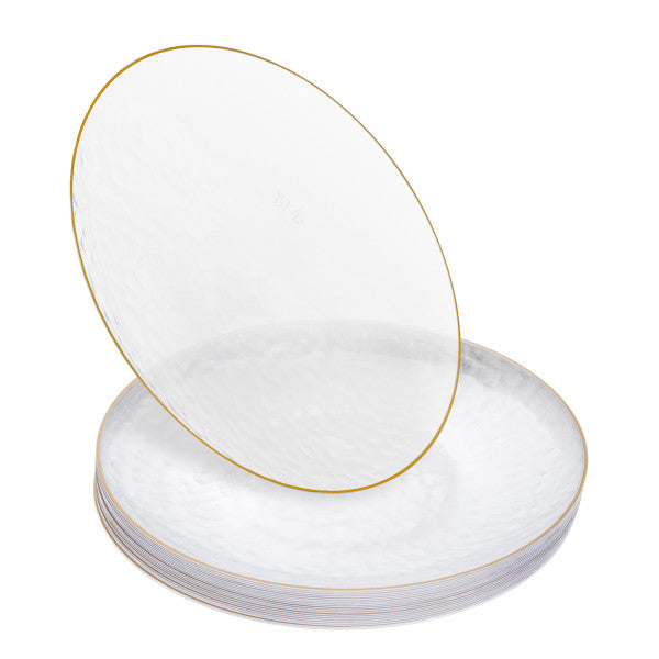 20 Pack - 10 Inch Hard Plastic Dinner Plates with Gold Trim, Hammered Design, Clear