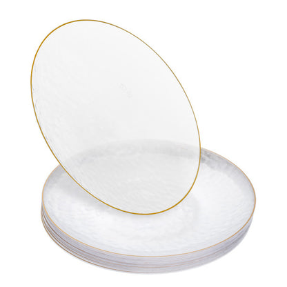20 Pack - 10 Inch Hard Plastic Dinner Plates with Gold Trim, Hammered Design, Clear