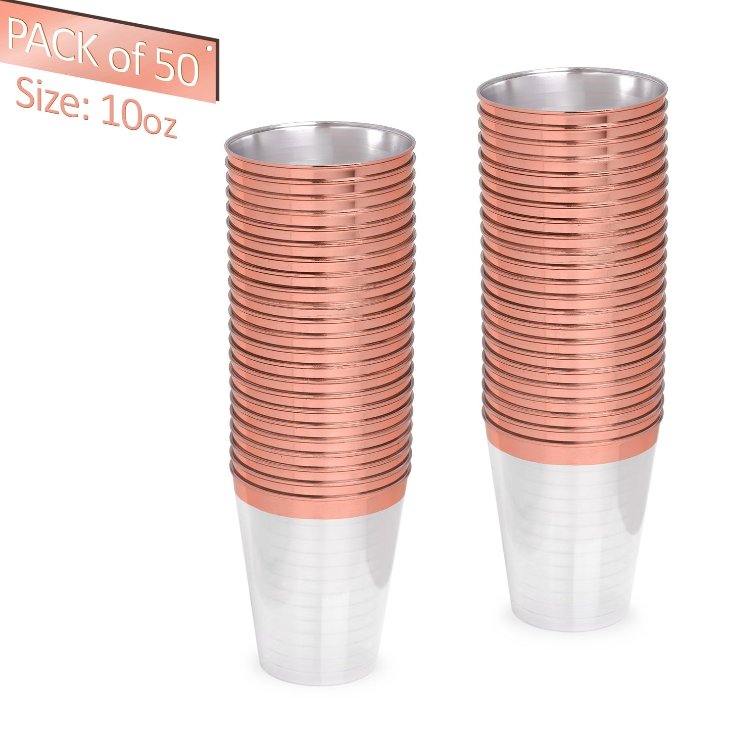 50-Pack 10 oz Clear Plastic Cups with Rose Gold Rim - Premium Party Drinkware