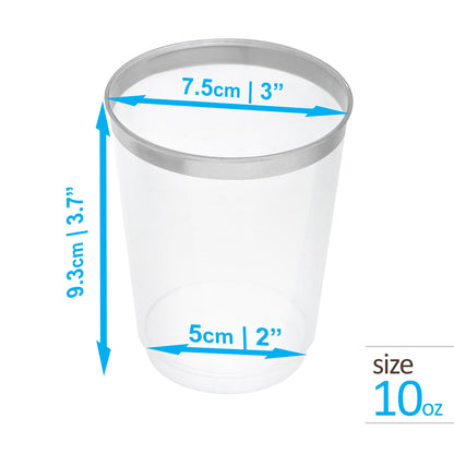 50-Pack 10 oz Clear Plastic Cups with Silver Rim - Stylish Party Drinkware