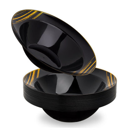 20-Pack 10oz Black & Gold Accent Hard Plastic Party Soup Bowls 10 oz