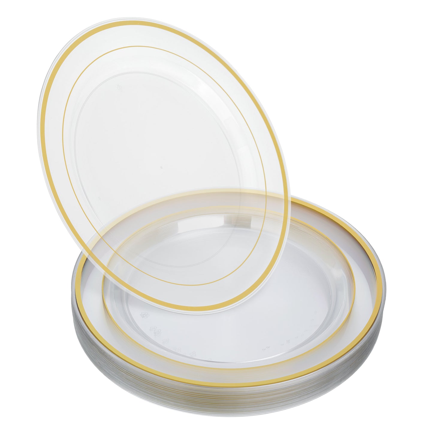 20-Pack 10" Clear Hard Plastic Main Dinner Plates with Double Gold Rim