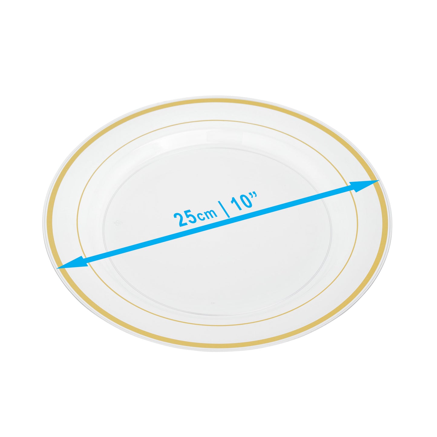 20-Pack 10" Clear Hard Plastic Main Dinner Plates with Double Gold Rim