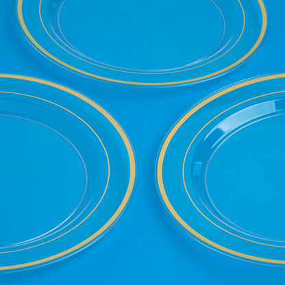 20-Pack 10" Clear Hard Plastic Main Dinner Plates with Double Gold Rim