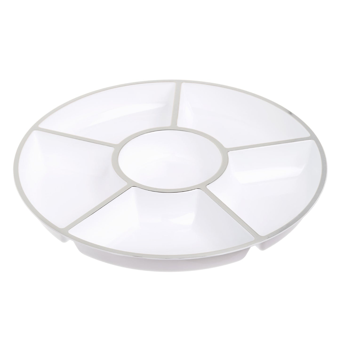 4 Pack, Elegant 12" 6-Section Silver Rim Compartment Platter Serving Trays